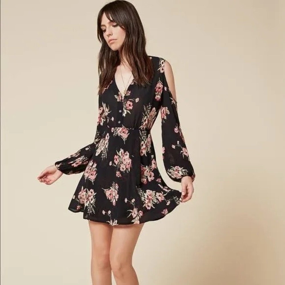 Reformation Black Floral Long Sleeve Open Shoulder Dress